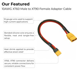 XT60 to XT90 Adapter Cable 10AWG 6in, XT60 Male to XT90 Female Connector Silicone Wire for RC FPV Drones Solar Generators Power Stations