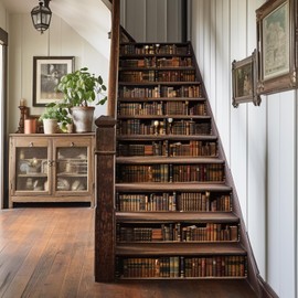 funlife 14pcs Peel and Stick Vintage Bookshelf Stair Riser Decals, Retro Decorative Bookcase Stair Riser Stickers for Kitchen Living Room Home Decor, Mid Century Natural Oak Bookcase 7.09"x39.37"