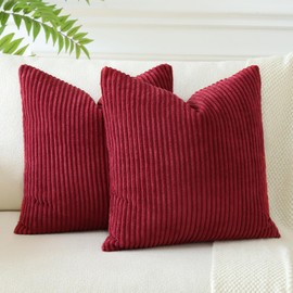 OTOSTAR Pack of 2 Throw Pillow Covers 18 x 18 Inch Soft Corduroy Decorative Square Solid Striped Cushion Case Couch Farmhouse Home Boho Decor Throw Pillows for Sofa Bed Living Room (Burgundy)