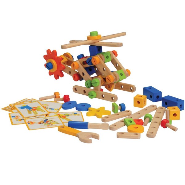 Constructive Playthings Wood Stress Nut and Bolt Builder with Activity Cards, Building Toys for Toddlers, Early STEM and Fine Motor Skills, 84-Piece Kids Playset, Ages 3 Years Plus