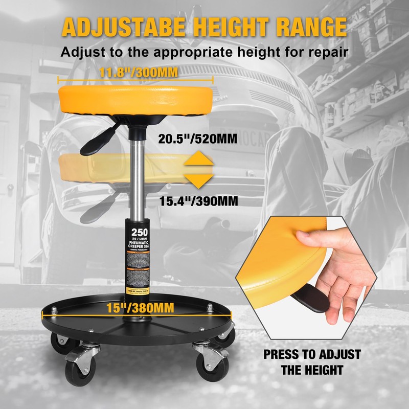 YELLOW JACKET Rolling Mechanic Stool with Wheels Pneumatic Garage Shop