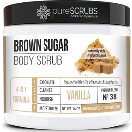 Premium BROWN SUGAR Body Scrub Exfoliating Set - Large 16oz VANILLA SCRUB For Face & Body, Infused Organic Essential Oils & Nutrients + FREE Wooden Stirring Spoon, Loofah & Mini Exfoliating Bar Soap