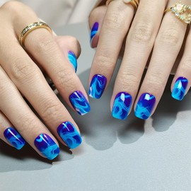 32 Pcs Blue Marble Press on Nails Mirror Short Square Acrylic Fake Nails Artificial False Glue on Nails for Women Girls DIY Nail Art