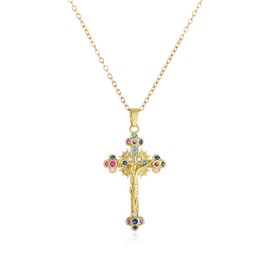 KOMI Cross Pendant Necklace for Women 18K Gold Copper Material Colorful Zircon Cross Jesus Necklace Retro Shining Christian Necklace Jewelry Gifts Fashion