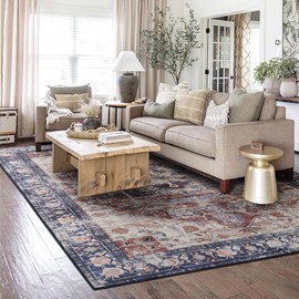 RYB HOME 8x10 Washable Large Area Rug, Living Room Rug 8x10, Boho None Slip Soft Faux Wool Rug, Thick Carpet with Rubber Backing for Nursery Bedroom, Blue