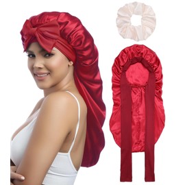Coubeau Lange Schlafmütze Satin Bonnet - Seidenhaube zum Schlafen Nacht Schlaf Mütze Verstellbare Schlafkappe Kopfbedeckung Weiche Kopfhaube Schlafhaube Seide mit Gummizug für Damen und Mädchen