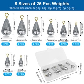 25 Pcs Small Fishing Weights Set 8 Sizes Sea Fishing Weights 2g 3g 5g 7g 10g 15g 20g 30g Iron Fishing Sinkers Weights with Box for Saltwater Freshwater River