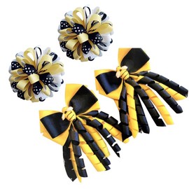 4Pcs Curly Ribbon Hair Bow Clips - Bee Yellow Black Handmade Grosgrain Ribbon Ballflower Toddlers Kids Cheer Bows Non-slip Alligator Hair Barrettes Accessories (Yellow/Black)