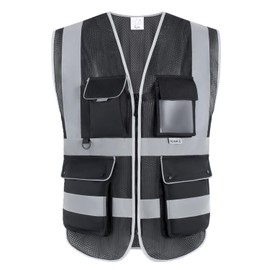 XIAKE Reflective Safety Vest for Men & Women Mesh High Visibility Class 2 Vest with Pockets,Black,Large