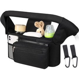 Baby Pushchair Organiser,Baby Pram Bag Stroller,2 Insulated Cup Holder, Large Capacity, Detachable Zippered Pocket, Adjustable Shoulder Strap & Non-Slip Hooks - Fits Any Pram Handlebar (Black)