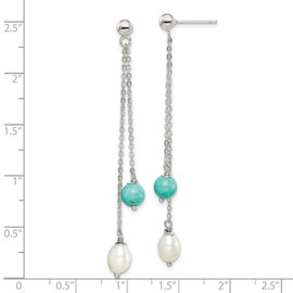 925 Sterling Silver Simulated Turquoise and Freshwater Cultured Pearl Post Long Drop Dangle Earrings 63-Dangle Earring for Women