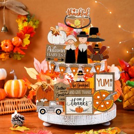 DoubleFill 21 Pcs Fall Tiered Tray Decoration Set Thanksgiving Table Sign Pumpkins Farmhouse Decor Gnome Maple Leaves Centerpieces Harvest Wood Blocks Signs Fall Block Tabletop for Autumn (Fresh)
