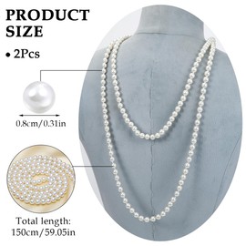 VerLuky Pack of 2 150 cm Pearl Necklace Women's White, Long Pearl Necklace 20s Women, Elegant Artificial Pearl Necklace, 20s Assecoires Women's Pearl Jewellery, Gatsby Accessories Women for Fancy