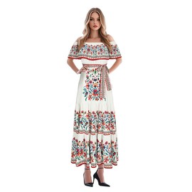 Womens Mexican Fiesta Dress Cinco De Mayo Spanish Cuban Dress with Belt(Small,White)