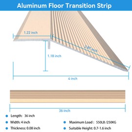 4 inch Wide Aluminum Floor Transition Strip Wood to Tile, NEICAGNE 36 inch Threshold Ramps for Doorways Wheelchair Tile Wood Floors, Doorway Edge Trim Suitable for Threshold Height Less Than 1.6 Inch