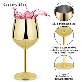 Lifecapido - Juego de 4 copas de vino de acero inoxidable de 18 onzas, copas de vino de metal con tallo con cepillo para polvo para tazas, para fiestas, oficina, aniversario de boda, ideal para vino