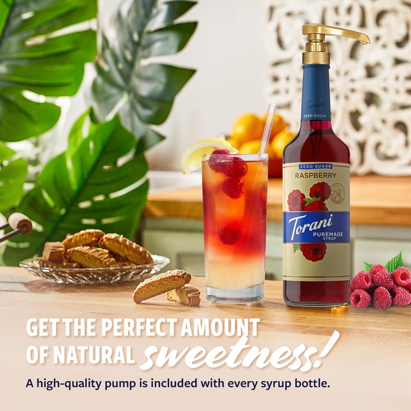 Torani Zero Sugar Puremade Syrup, Raspberry Flavoring for Drinks, Glass