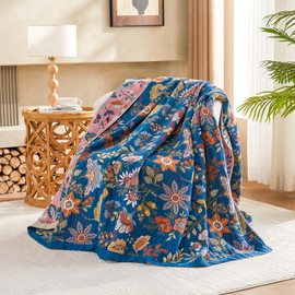 XIBLC Fall Throw Blanket for Couch, Blue Boho Decorative Throw Blanket, 100% Cotton Muslin Breathable Woven Farmhouse Blankets Quilt, 90"x98" Reversible Lightweight Blankets Bohemian Throw Quilt