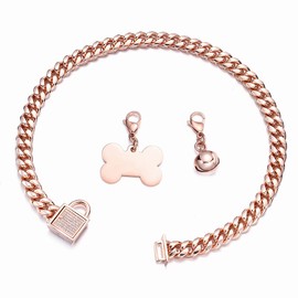RUMYPET Rose Gold Chain Dog Collar 10MM/14MM Cuban Link Dog Collar Chew Proof Stainless Steel Chain Collar for Small Medium Large Dogs 10-26Inch(10mm,16inch)