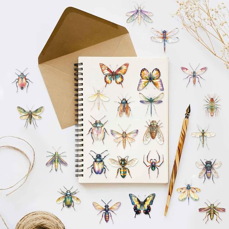 50Pcs Insects Stickers, Waterproof PET Transparent Stickers for Notebooks, Scrapbooking,