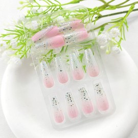 Coffin Press on Nails Medium Long Fake Nails with Glitter Sequins Design Acrylic Transparent Glue on Nails Pink Gradient False Nails Medium Long Coffin Nails Press ons for Girls 24Pcs