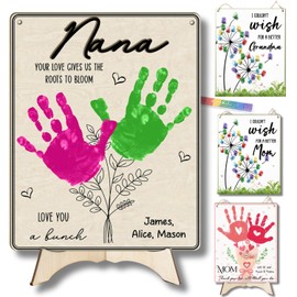 DIY Grandma Craft Hand Print, Handprint Art Wooden Craft Plaque Sign, Custom Mothers Day Gift for Grandma, Crafts for Grandmas from Kids, Grandson, Toddlers, Floral Bouquet Baby Keepsake 8x10in