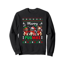 Merry Christmas Three Santa Pugs Colourful Sweater Owner Sweatshirt, black