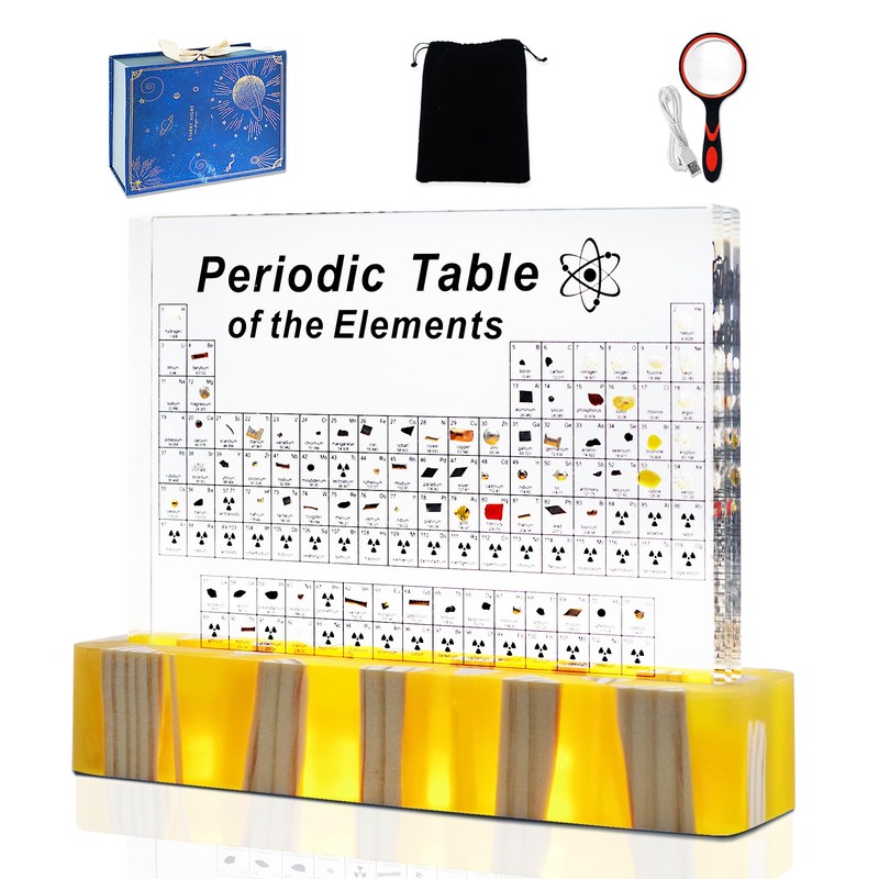 Periodic Table with Real Elements Inside, Amber Lighted Stand Acrylic