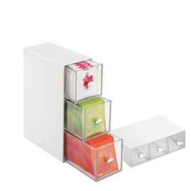Tea Box with 3 Drawers, Tea Boxes for Tea Bags, Kitchen Organiser, Fridge Organiser, Plastic Tea Bag Boxes, Dressing Table Organiser, Storage Box for Tea Bags, Coffee Pods, Sugar etc