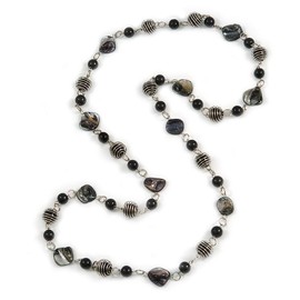 Avalaya Glass and Shell Bead with Silver Tone Metal Wire Element Long Necklace In Black Colours - 120cm L