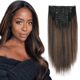 ABH AMAZINGBEAUTY HAIR Light Yaki Clip ins Rooted Black Piano Natural Black #1B With Chocolate Brown #4 Two Tone Yaki Clip ins for Black Women 20 Inch Yaki Straight Clip in Hair Extensions 120G 7Pcs