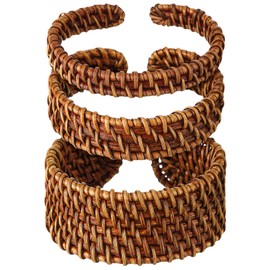 Landical 3 Pcs Handwoven Wooden Braided Rattan Knit Cuff Bracelet Adjustable Bohemian Chunky Wrap Bangle for Women Summer Ethnic Tribal Wrist Jewelry(Dark Brown)