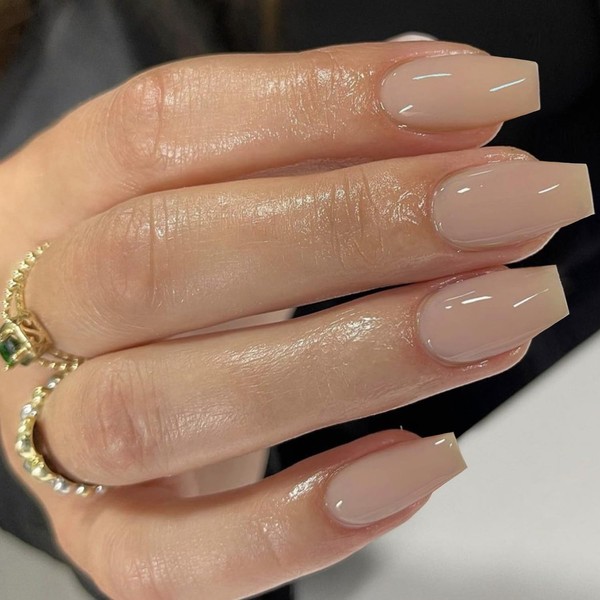 Beige Press on Nails Medium Coffin Nails,Glue on Nails Medium