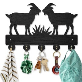 MAYJOYDIY Goat Sheep Wood Key Holder for Wall Farm Animal Grass Meadow Wall Mounted Key Hooks 11.8×7.8inch Coat Hanger Rack with 5 Alloy Hooks for Entryway Front Door Kitchen Office Decoration