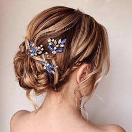 Unicra Horquillas de cristal para novia de boda, piezas de pelo para novia, accesorios para el cabello para mujeres y niñas, paquete de 3 (azul)