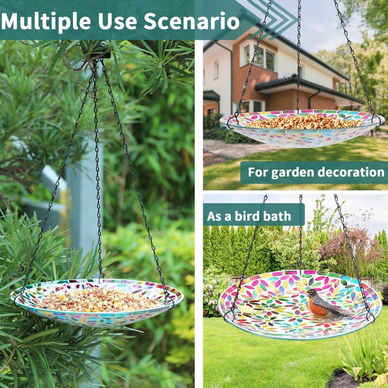 VCUTEKA Hanging Bird Bath, Glass Mosaic Bird Baths for Outdoors