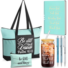 Shinylin 7 Pcs Christian Gift Set for Women Inspirational Presents with Glass Cup, Tote Bag Makeup Bag Notebook Pen(Green)