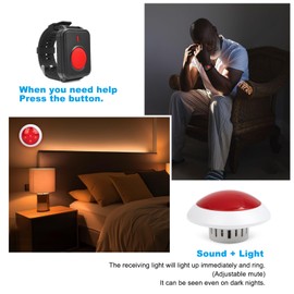 Medical Alert Button Emergency Call System with Strobe Light & Watch Button, 500ft Range Elderly Alert for Bed/Bathroom Safety, Home Care Pager with Necklace+Wrist Transmitters (1 Receiver+2 Buttons)