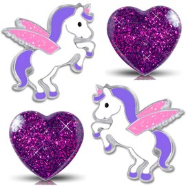 Girls’ Horse Earrings - Genuine 925 Sterling Silver & Stainless Steel Unicorn & Heart Earrings, Silver, K700+k296