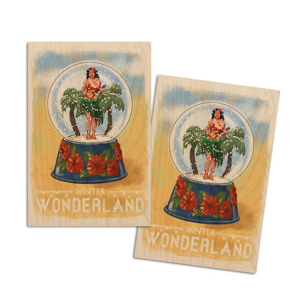 Hula Girl in Snow Globe, Winter Wonderland (4x6 Birch Wood