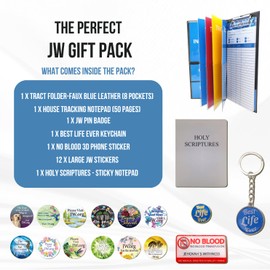 JW Ministry Essentials Gift Pack: JW Tract Holder, Organiser, JW Notepad, JW Pin Badge, JW Keychain, Sticky Notes, JW Stickers and More