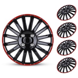 AUTOWIKI 15 Inch Wheel Hubcaps Replacement - Set of 4 Fashion Car Hubcaps Rim Cover,Universal 15in Wheel Hub Accessories, Black & Red Lacquer