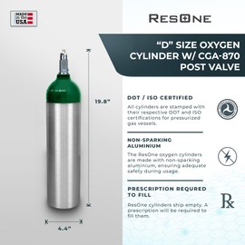 ResOne Portable Aluminum Medical Oxygen Cylinder, D Size, with CGA-870 Post Valve for Medical Use - Non-Sparking, Green Dome, Brushed Finish, 14.3 cf, Ships Empty, Prescription Required to Fill