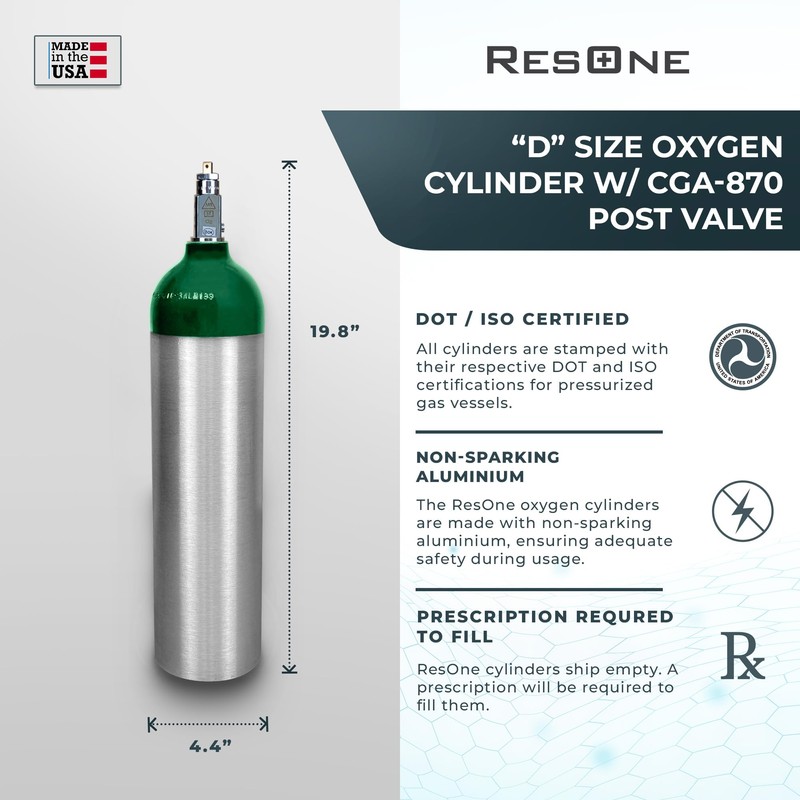 ResOne Portable Aluminum Medical Oxygen Cylinder, D Size, with CGA-870
