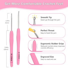 Reessy 2Pcs 3.0mm Crochet Hooks Set, Aluminium Crochet Hook with Soft Rubber Handle for Beginners and Adults, Light and Comfortable Ergonomic Crochet Hooks for Arthritis Hands Crocheting