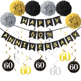 60th Anniversary Decorations Kit - Gold Glitter Happy Anniversary Banner, 9Pcs Sparkling Hanging Swirl, 6Pcs Poms - For 60th Wedding Party Decorations