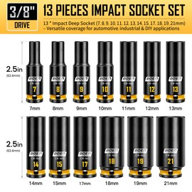 boen 13PCS 7mm-21mm 3/8” Drive Metric Socket Set, Impact Deep Socket, 6-Point with Yellow Embossed Marking, CR-MO Steel