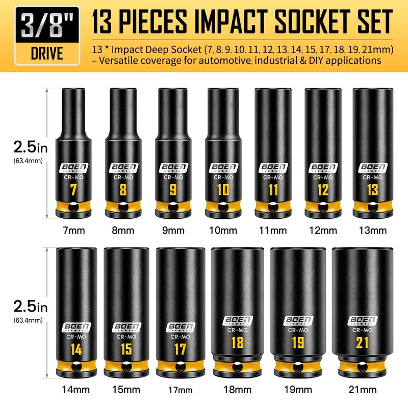 boen 13PCS 7mm-21mm 3/8” Drive Metric Socket Set, Impact Deep