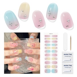 DUKASOU Gel Nail Strips No UV Light Needed, 22Pcs Gel Nail Stickers Full Nails Wraps for Women, Easy to Apply & Remove(Colorful Stars)
