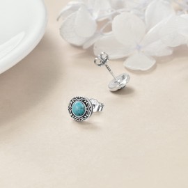 KZX Turquoise Stud Earrings for Women Men S925 Sterling Silver Round Post Earrings Boho Western Jewelry Gift (Silver Oxide-Turquoise Stud Earring)